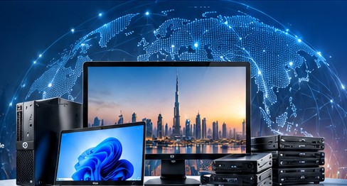 Illustration of used business IT equipment and global trade